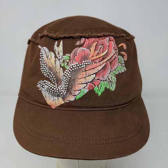 Unbranded Women's Cadet Cap Brown Size OSFA 100% Cotton Rhinestone Bird Logo - Picture 2 of 7